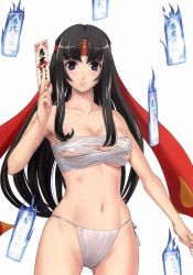 Rule 34 | 00s, 1girl, absurdres, bandages, bare shoulders, black hair, blue eyes, breasts, collarbone, eiwa, fundoshi, headband, highres, japanese clothes, large breasts, long hair, musha miko tomoe, navel, ofuda, queen&#039;s blade, sarashi, smile, solo, tomoe (queen&#039;s blade), tomoe (queen's blade)