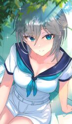Rule 34 | 1girl, anastasia (idolmaster), arm support, ashita (2010), belt, blue eyes, blue neckerchief, blue sailor collar, blush, breasts, cleavage, closed mouth, dappled sunlight, dot nose, from above, grey hair, hair between eyes, idolmaster, idolmaster cinderella girls, idolmaster cinderella girls starlight stage, looking at viewer, looking up, medium breasts, neckerchief, sailor collar, shirt, short hair, shorts, sitting, smile, solo, sparkle, sunlight, sweat, tree, white belt, white shirt, white shorts