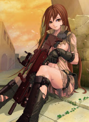 Rule 34 | 1girl, amajita, assault rifle, bad id, bad pixiv id, boots, breasts, brown eyes, brown hair, gloves, gun, h&amp;k g36, highres, long hair, original, pouch, rifle, scope, sitting, smile, solo, thigh strap, torn clothes, very long hair, weapon