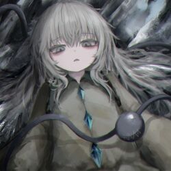 Rule 34 | 1girl, bags under eyes, buttons, collared shirt, grey eyes, grey hair, highres, komeiji koishi, long hair, long sleeves, looking at viewer, lying, on back, parted lips, reverinth, shirt, solo, touhou, upper body