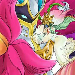 Rule 34 | 1boy, 1girl, armor, bloomlordmon, digimon, digimon (creature), digimon ghost game, highres, mask, no humans, petals, quantumon, smile