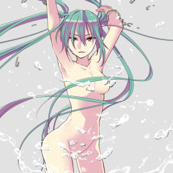 Rule 34 | 1girl, armpits, arms up, censored, convenient censoring, cuffs, floating hair, green eyes, green hair, handcuffs, hatsune miku, long hair, matching hair/eyes, nude, solo, twintails, very long hair, vocaloid, yami (m31)