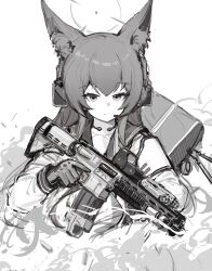 Rule 34 | 1girl, animal ears, blue archive, countryman (artist), fox ears, gloves, greyscale, gun, highres, holding, holding gun, holding weapon, long hair, long sleeves, monochrome, simple background, sketch, solo, upper body, weapon, white background, yukino (blue archive)