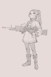 Rule 34 | 1girl, absurdres, boots, collar, earrings, elf, finger on trigger, frieren, gun, highres, jewelry, light machine gun, looking at viewer, m249, machine gun, nick xinderz, pointy ears, simple background, sketch, skirt, smile, smug, sousou no frieren, twintails, weapon