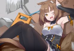 Rule 34 | 1girl, animal ear fluff, animal ears, arm up, armpits, barcode, bare shoulders, black skirt, black sleeves, black thighhighs, blush, box, breasts, brown eyes, brown hair, cardboard box, commentary request, detached sleeves, fang, feet out of frame, fhang, hand on own head, highres, knees together feet apart, long sleeves, looking at viewer, medium breasts, mop, one eye closed, open mouth, original, pleated skirt, skirt, solo, strapless, thighhighs
