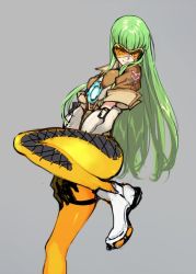Rule 34 | &gt;:), 1girl, ankle boots, bodysuit, bomber jacket, boots, breasts, brown jacket, c.c., closed mouth, code geass, cosplay, creayus, elbow gloves, emblem, gloves, goggles, green hair, jacket, leg up, long hair, overwatch, overwatch 1, pants, short sleeves, sketch, sleeve cuffs, solo, standing, standing on one leg, tracer (overwatch), tracer (overwatch) (cosplay), v-shaped eyebrows, v arms, very long hair, white footwear, white gloves, yellow eyes, yellow pants