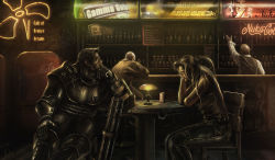 Rule 34 | 1girl, 3boys, armor, bald, bar (place), bartender, belt, braid, can, chair, character request, drink can, elvis presley, english text, fallout (series), gatling gun, gun, head rest, indoors, multiple boys, neon lights, nuka cola, pants, ponytail, power armor, side braid, sitting, sleeveless, soda can, table, tagme, weapon