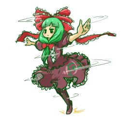 Rule 34 | 1girl, bow, chamaji, commentary request, dress, frilled dress, frills, front ponytail, full body, green hair, hair bow, hair ribbon, kagiyama hina, lace, outstretched arms, pantyhose, ribbon, shoes, short sleeves, simple background, solo, spinning, spread arms, touhou