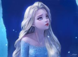 Rule 34 | 1girl, bad id, bad pixiv id, bare shoulders, blonde hair, blue background, blue eyes, blue theme, collarbone, elsa (frozen), frozen (disney), frozen ii (disney), glowing, highres, long hair, looking away, looking to the side, parted lips, red lips, signature, silver hair, solo, srasa, upper body