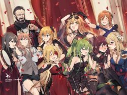 Rule 34 | 1boy, 6+girls, ahoge, alcohol, alternate costume, alternate hairstyle, animal ears, arm around shoulder, armpits, aviator sunglasses, bags under eyes, bare shoulders, beard, belt, berezovich kryuger (girls&#039; frontline), black dress, black gloves, blonde hair, blue eyes, blue gloves, blush, breasts, brown eyes, brown hair, casual, choker, cleavage, closed eyes, closed mouth, coat, collarbone, cup, dog, dress, drinking glass, duoyuanjun, elbow gloves, embarrassed, eyewear on head, facial hair, facial scar, fang, girls&#039; frontline, gloves, green eyes, green hair, grey hair, grey shirt, hair between eyes, hair flaps, hair ornament, hair ribbon, hair rings, hairclip, half-closed eyes, hand on another&#039;s hand, happy, helianthus (girls&#039; frontline), highres, holding, holding cup, holding drinking glass, holding microphone, holding microphone stand, instrument, jewelry, kalina (girls&#039; frontline), large breasts, locked arms, logo, long hair, long sleeves, looking at viewer, m1918 (girls&#039; frontline), m1918 (tender nocturne) (girls&#039; frontline), m950a (concert diva!) (girls&#039; frontline), m950a (girls&#039; frontline), medium breasts, messy hair, microphone, microphone stand, mosin-nagant (girls&#039; frontline), mosin-nagant (moonlit ocean) (girls&#039; frontline), multiple girls, necklace, no bra, o-ring, o-ring choker, official alternate costume, one eye closed, open clothes, open coat, open mouth, parted lips, pendant, persica (girls&#039; frontline), petals, purple hair, red dress, red eyes, ribbon, sash, scar, scar on cheek, scar on face, scarf, shawl, shirt, side ponytail, sidelocks, single strap, skirt, skorpion (crimson starlet) (girls&#039; frontline), skorpion (girls&#039; frontline), sleeves past wrists, smile, springfield (girls&#039; frontline), springfield (queen in radiance) (girls&#039; frontline), strapless, strapless dress, sunglasses, tambourine, thighs, triangle (instrument), twintails, very long hair, wa2000 (ballroom interlude) (girls&#039; frontline), wa2000 (girls&#039; frontline), white coat, wrist ribbon