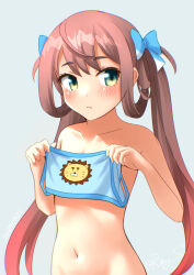 Rule 34 | 1girl, asagumo (kancolle), blue background, blue bra, bra, breasts, brown hair, clothes in front, green eyes, hair ribbon, holding, holding bra, holding clothes, holding underwear, kantai collection, lion print, long hair, looking at viewer, navel, nude, one-hour drawing challenge, out-of-frame censoring, ray.s, ribbon, simple background, small breasts, solo, training bra, twintails, underwear, upper body
