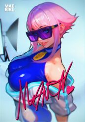 Rule 34 | 1girl, ass, bodysuit, breasts, heart, large breasts, manon legrand, medal, pink hair, signature, solo, street fighter, sunglasses