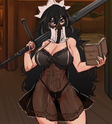 Rule 34 | 1girl, abs, bedroom, black eyes, black hair, book, breasts, centurii-chan (artist), dress, executioner maid (centuriic), greatsword, highres, holding, holding sword, holding weapon, large breasts, long hair, maid, maid headdress, mask, mouth mask, mouth veil, muscular, muscular female, original, reading, see-through, see-through dress, skull, sword, veil, weapon