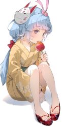 Rule 34 | 1girl, absurdres, blue hair, candy apple, flower, food, fox mask, hair flower, hair ornament, hair ribbon, highres, hoshi umi, japanese clothes, kimono, legs, licking, long hair, long sleeves, looking at viewer, mask, mask on head, obi, original, pink ribbon, print kimono, red footwear, red ribbon, resolution mismatch, ribbon, sash, simple background, sitting, solo, source smaller, tabi, toes, white background, yellow kimono