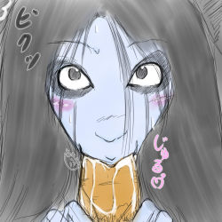 Rule 34 | :&gt;=, artist request, blue skin, blush, colored skin, creepy, cum, looking at viewer, pov, pubic hair, saeki kayako, staring, the grudge, uncensored