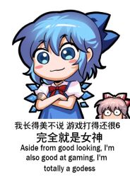 Rule 34 | 2girls, :3, bilingual, blue dress, bow, chinese text, cirno, crossed arms, dress, english text, engrish text, fujiwara no mokou, hair bow, jokanhiyou, looking at viewer, meme, mixed-language text, multiple girls, necktie, puffy short sleeves, puffy sleeves, ranguage, red necktie, short sleeves, sidelocks, simplified chinese text, touhou, white hair