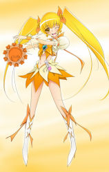 Rule 34 | 10s, 1girl, blonde hair, boots, bow, brooch, cure sunshine, heart, heart brooch, heartcatch precure!, instrument, jewelry, knee boots, long hair, magical girl, myoudouin itsuki, one eye closed, orange bow, orange skirt, orange theme, precure, rekurieeru, skirt, solo, tambourine, twintails, very long hair, wink, yellow background, yellow bow