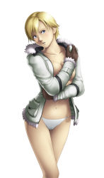 Rule 34 | 1girl, blonde hair, blue eyes, blush, breast press, breasts, coat, covering privates, female focus, gloves, large breasts, legs, looking at viewer, navel, no bra, panties, resident evil, resident evil 2, resident evil 6, sherry birkin, short hair, simple background, solo, standing, thighs, thor (deep rising), underwear, white background