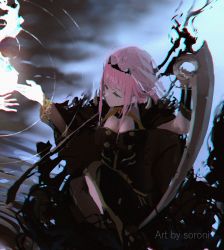Rule 34 | 1girl, artist name, black dress, blunt bangs, breasts, cleavage, commentary, crossed legs, detached sleeves, dress, english commentary, hair behind ear, highres, holding, holding scythe, hololive, hololive english, large breasts, mori calliope, open hand, pink hair, red eyes, ripples, scythe, see-through, see-through sleeves, single detached sleeve, single thighhigh, sitting, solo, sorrowny, thighhighs, tiara, veil, virtual youtuber, water