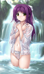 Rule 34 | 00s, 1girl, akai ibara, blush, breasts, cameltoe, cleft of venus, covering privates, crossed arms, flat chest, fundoshi, hair ribbon, japanese clothes, long hair, mole, navel, nipples, no bra, open clothes, open shirt, outdoors, puffy nipples, purple hair, pussy, ribbon, see-through, shinazu fujimi, shirt, solo, wading, water, waterfall, wet, wet clothes, yellow eyes, zundarepon