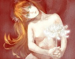 Rule 34 | 1girl, blue eyes, completely nude, flat chest, flower, head tilt, long hair, natsume (rosewhip), neck, neon genesis evangelion, nipples, nude, open mouth, orange hair, solo, souryuu asuka langley, spider lily, tilted head, twintails