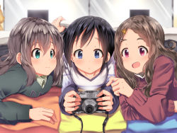 Rule 34 | 10s, 3girls, :d, :o, aoba kokona, aqua eyes, black hair, blanket, blue eyes, blurry, blurry background, blush, braid, braided bangs, brown hair, camera, closed mouth, collarbone, depth of field, girl sandwich, green sweater, hair ornament, hairclip, holding, holding camera, indoors, kurosaki honoka, long hair, long sleeves, lying, mad (hazukiken), multiple girls, on stomach, open mouth, parted bangs, parted lips, pillow, pointing, purple eyes, red sweater, round teeth, sandwiched, smile, striped clothes, striped sweater, sweater, tareme, teeth, two-handed, under covers, upper body, yama no susume, yukimura aoi