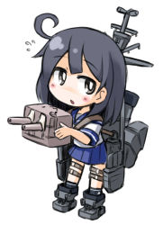 Rule 34 | 10s, 1girl, ahoge, black hair, chestnut mouth, flying sweatdrops, kantai collection, kugelschreiber, personification, school uniform, serafuku, simple background, solo, thigh strap, ushio (kancolle), white background