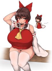Rule 34 | 1girl, :&lt;, ascot, bare shoulders, belly, blush, bow, breasts, brown hair, cookie (touhou), detached sleeves, fat, flying, hair bow, hair tubes, hakurei reimu, heavy breathing, highres, huge breasts, mini person, minigirl, oozon (ozon), plump, red eyes, reu (cookie), short hair, sitting, sweat, thick thighs, thighhighs, thighs, touhou, triangle mouth, white thighhighs
