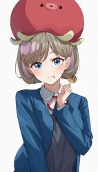 Rule 34 | 1girl, :p, absurdres, aftamc, blue eyes, blue jacket, blush, bob cut, cardigan, food, food on face, hand up, hat, highres, holding, holding food, jacket, licking lips, light brown hair, looking at viewer, love live!, love live! superstar!!, multicolored hair, neck ribbon, octopus, pink hair, red ribbon, ribbon, school uniform, short hair, simple background, solo, stuffed toy, takoyaki, tang keke, tongue, tongue out, two-tone hair, upper body, white background, yuigaoka school uniform