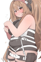 Rule 34 | 1girl, angelina (arknights), arknights, bare shoulders, blush, breasts, closed mouth, commentary request, covered navel, cowboy shot, hair between eyes, hairband, highres, large breasts, light brown hair, long hair, looking at viewer, nimo (b45ui), one-piece swimsuit, orange eyes, plump, red hairband, simple background, sleeveless, solo, sweatdrop, swimsuit, thick arms, thick thighs, thighs, two-tone hairband, white background