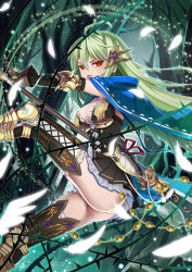 Rule 34 | 1girl, absurdres, ahoge, ass, breasts, brown gloves, cape, cleavage, elbow gloves, feathers, gloves, green hair, highres, ling si, long hair, looking at viewer, no panties, open mouth, original, petticoat, polearm, red eyes, solo, spear, thorns, tree, weapon