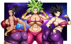 Rule 34 | 3girls, absurdres, ass, bare shoulders, blue eyes, bracer, breasts, cameltoe, caulifla, cleavage, cleft of venus, covered erect nipples, curvy, dragon ball, dragon ball super, earrings, female focus, fusion, gluteal fold, green hair, highres, huge ass, huge breasts, jewelry, kale (dragon ball), kefla (dragon ball), looking at viewer, looking back, medium hair, multiple girls, muscular, muscular female, navel, potara earrings, skindentation, spiked hair, strapless, super saiyan, thick thighs, thighs, tube top, underboob, vn simp, wide hips