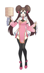 Rule 34 | 1girl, alternate costume, bad id, bad twitter id, bare shoulders, black thighhighs, brown hair, commentary request, creatures (company), detached sleeves, double bun, eyelashes, frills, full body, game freak, green eyes, hair bun, hair ribbon, hands up, holding, korean commentary, long hair, mongguri, nintendo, pink footwear, pink ribbon, pokemon, pokemon bw2, ribbon, rosa (pokemon), shoes, simple background, solo, standing, thighhighs, twintails, white background