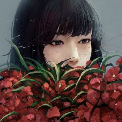 Rule 34 | 1girl, asian, black eyes, black hair, flower, flower request, highres, lips, looking at viewer, nose, original, plant, portrait, realistic, red flower, solo, wataboku