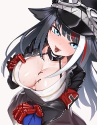 Rule 34 | 1girl, absurdres, azur lane, black jacket, blue eyes, breasts, candy, chocolate, chocolate heart, chocolate on body, chocolate on breasts, choker, cross, deutschland (azur lane), food, gloves, hat, heart, highres, iron cross, jacket, long hair, long sleeves, looking at viewer, medium breasts, military hat, multicolored hair, seigetsu kotaku, simple background, tongue, tongue out, translation request, white background