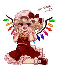 Rule 34 | 1girl, 2022, :d, absurdres, ascot, blonde hair, bobby socks, chibi, double v, fang, flandre scarlet, frilled shirt collar, frilled skirt, frilled sleeves, frills, hat, highres, looking at viewer, medium hair, mob cap, multicolored wings, open mouth, puffy short sleeves, puffy sleeves, red eyes, red footwear, red skirt, red vest, shirt, short sleeves, side ponytail, simple background, skin fang, skirt, skirt set, smile, socks, solo, touhou, transparent background, v, vest, white background, white hat, white shirt, white socks, wings, yatsuga (kouahey dierci), yellow ascot