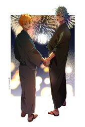 Rule 34 | 2boys, :d, aerial fireworks, alternate costume, backlighting, black kimono, bleach, blue eyes, blue hair, border, brown eyes, commentary request, eyes visible through hair, fang, festival, fireworks, from behind, frown, full body, grimmjow jaegerjaquez, hair between eyes, highres, holding hands, japanese clothes, kimono, kurosaki ichigo, light blush, long sleeves, looking at viewer, looking back, male focus, multiple boys, night, open mouth, orange hair, outdoors, sandals, sanpaku, short hair, smile, spiked hair, standing, teeth, tsurime, twitter username, upper teeth only, v-shaped eyebrows, white border, wide sleeves, yanono 015, yaoi, yukata