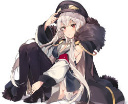 Rule 34 | 1girl, blush, boots, cloak, cross, epaulettes, fur trim, girls&#039; frontline, hand up, hat, high heel boots, high heels, highres, iron cross, kar98k (girls&#039; frontline), knees up, long hair, looking at viewer, military, military hat, military uniform, parted lips, peaked cap, red eyes, sidelocks, silver hair, simple background, sitting, solo, thigh boots, thighhighs, tuxedo de cat, uniform, very long hair, white background