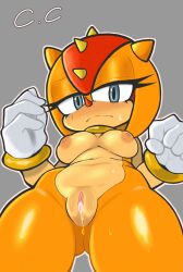 Rule 34 | 1girl, ass, blue eyes, blush, body blush, breasts, champchidi, cum, cumdrip, fat mons, gloves, gluteal fold, gold choker, highres, horns, large breasts, nipples, nude, pussy, pussy juice, sega, shiny skin, sonic (series), sonic superstars, spikes, sweat, thick thighs, thighs, trip the sungazer, wet