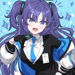 Rule 34 | 1girl, black gloves, blue archive, blue necktie, blush, breasts, collared shirt, daiichi (1279220), formal, gloves, highres, id card, jacket, long hair, long sleeves, looking at viewer, medium breasts, necktie, open mouth, purple eyes, purple hair, shirt, smile, solo, suit, two-sided fabric, two-sided jacket, two side up, upper body, white jacket, white shirt, yuuka (blue archive)
