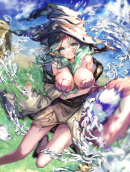 Rule 34 | 1girl, absurdres, between breasts, blue sky, breasts, cloud, cloudy sky, foot out of frame, forehead jewel, green eyes, green hair, hat, highres, large breasts, long hair, looking at viewer, magi the labyrinth of magic, momongapoketto, outdoors, plant, rock, shell, shell bikini, sky, solo, water, witch hat, yamuraiha