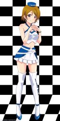 Rule 34 | 1girl, blush, boots, breasts, brown hair, checkered background, checkered floor, collarbone, earrings, hat, highres, jewelry, koizumi hanayo, love live!, love live! school idol project, maruze circus, medium breasts, midriff, miniskirt, navel, purple eyes, race queen, skirt, smile, solo, thigh boots, thighhighs