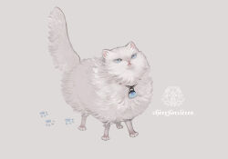 Rule 34 | animal focus, cat, commentary request, full body, grey background, logo, looking at viewer, nekosuke (oxo), no humans, original, paw print, simple background, standing, tail raised, white cat