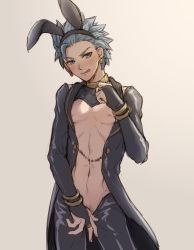 Rule 34 | 1boy, :q, animal ears, bad id, bad pixiv id, black gloves, black jacket, black pants, blue eyes, blush, breasts, bridal gauntlets, camus (dq11), collar, commentary request, cowboy shot, dragon quest, dragon quest xi, earrings, fake animal ears, gloves, grey background, jacket, jewelry, looking at viewer, male focus, male playboy bunny, male pubic hair, meme attire, mondi hl, navel, nipples, pants, pubic hair, rabbit ears, reverse bunnysuit, reverse outfit, short hair, simple background, solo, spiked hair, tongue, tongue out
