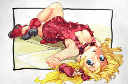 Rule 34 | 1girl, ass, bare shoulders, blonde hair, blue eyes, bokkusu, boots, bracelet, breasts, collar, dress, effie (street fighter), fingerless gloves, fingernails, full body, gloves, jewelry, leg up, lying, medium breasts, on back, open mouth, red dress, red footwear, red gloves, short dress, solo, spiked boots, spiked bracelet, spiked footwear, spikes, street fighter, street fighter iii (series), twintails