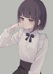 Rule 34 | 1girl, absurdres, bad id, bad pixiv id, belt, black belt, black bow, black skirt, blunt bangs, blush, bow, brown eyes, brown hair, chromatic aberration, closed mouth, commentary request, crying, crying with eyes open, grey background, hand up, highres, long sleeves, looking away, original, puffy long sleeves, puffy sleeves, shirt, short hair, simple background, skirt, solo, tears, tsuruse, v-shaped eyebrows, white shirt