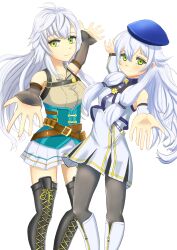 2girls ahoge altina_orion bare_shoulders beret blue_hat breasts detached_sleeves double-parted_bangs eiyuu_densetsu fie_claussell floating_hair green_eyes hair_between_eyes hat highres kai_no_kiseki kuro_no_kiseki_(series) long_hair looking_at_viewer multiple_girls odaibako offering_hand outstretched_hand sidelocks simple_background sirakaba324 skirt small_breasts smile thighhighs wavy_hair white_background white_hair