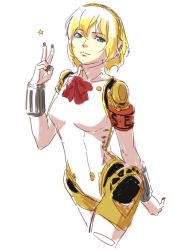 Rule 34 | 1girl, aegis (persona), arm behind back, arm up, blonde hair, blue eyes, bodysuit, cropped legs, expressionless, joints, persona, persona 3, robot joints, shitoto, short hair, sketch, solo, star (symbol), v, white background