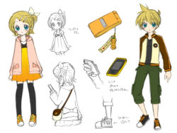 Rule 34 | 1boy, 1girl, alternate costume, black thighhighs, brother and sister, capri pants, cellphone, cellphone charm, cellphone strap, charm (object), green thighhighs, hiyo (hiyococco), iphone, kagamine len, kagamine rin, pants, phone, siblings, smartphone, thighhighs, twins, vocaloid