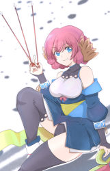 Rule 34 | 1girl, animal ears, aquaplus, arm up, arrow (projectile), bare shoulders, blue eyes, blush, boots, bow (weapon), braid, breasts, collarbone, covered collarbone, from side, full body, gloves, gradient eyes, hair between eyes, highres, holding, holding arrow, holding bow (weapon), holding weapon, japanese clothes, kimono, large breasts, leg up, leotard, leotard under clothes, long sleeves, looking at viewer, multicolored eyes, nose, nosuri, off-shoulder kimono, off shoulder, panties, pantyshot, raised eyebrows, red hair, sidelocks, sitting, sleeveless, smug, solo, taut clothes, thick thighs, thighhighs, thighs, underwear, utawarerumono, utawarerumono: itsuwari no kamen, weapon